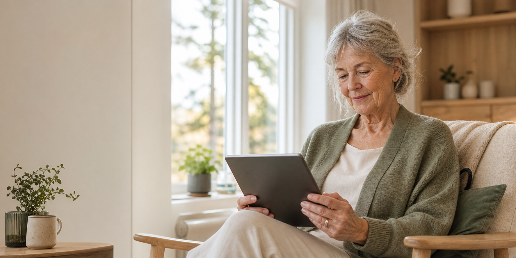 An older woman comfortably using a tablet at home
