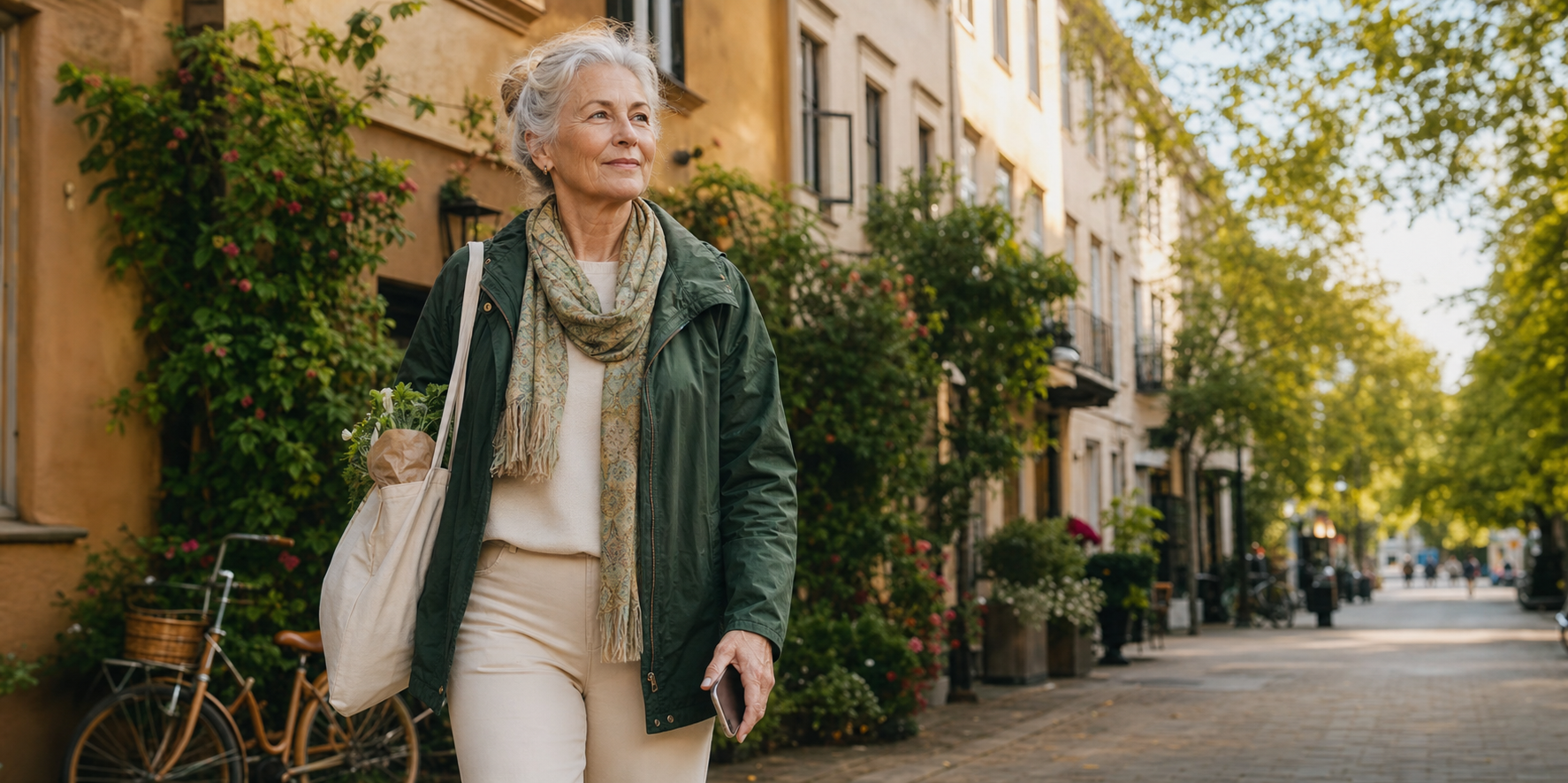 An older woman walking confidently through her neighborhood