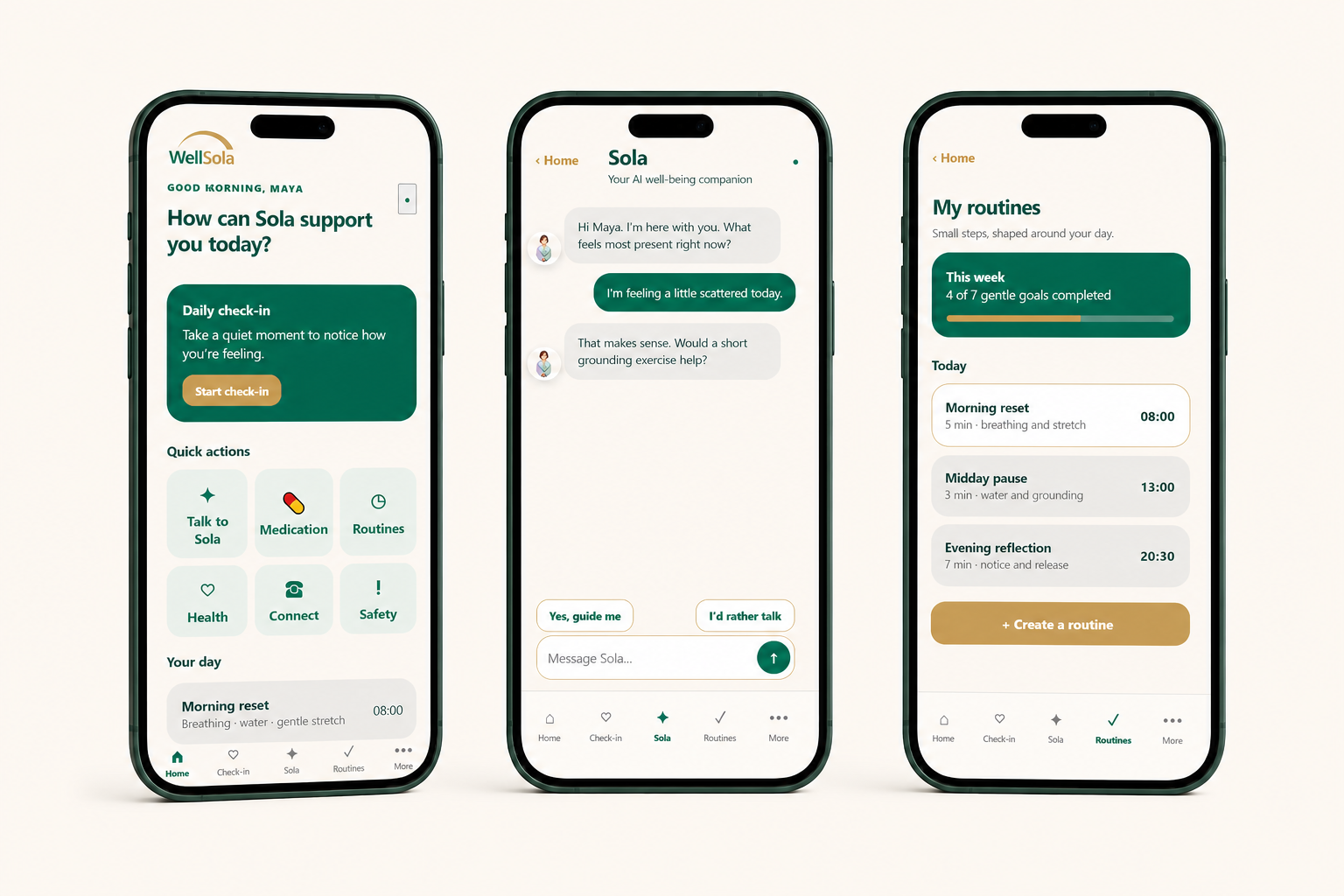 Three WellSola mobile screens showing the home, conversation, and routines experiences
